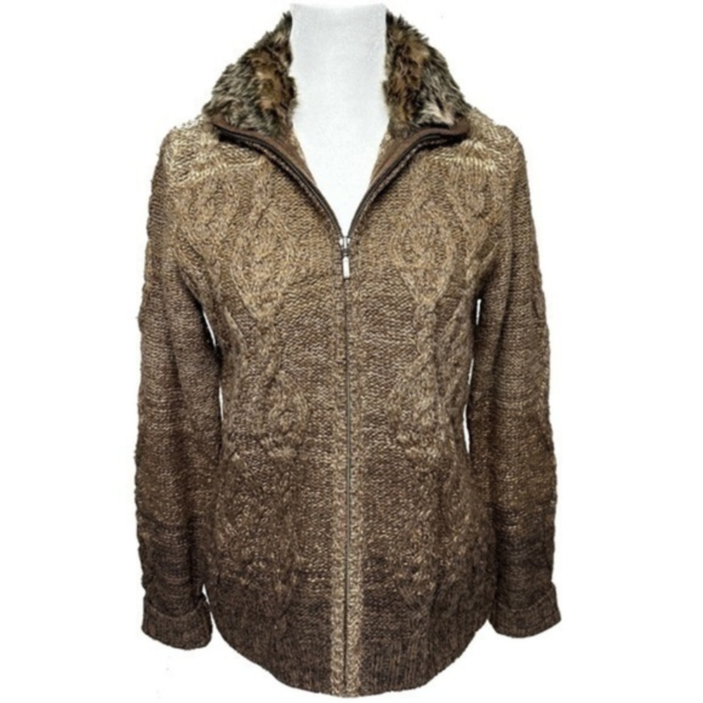 Eddie Bauer Lambswool Cable Knit Zip Cardigan Brown Ombre Faux Fur Collar Medium